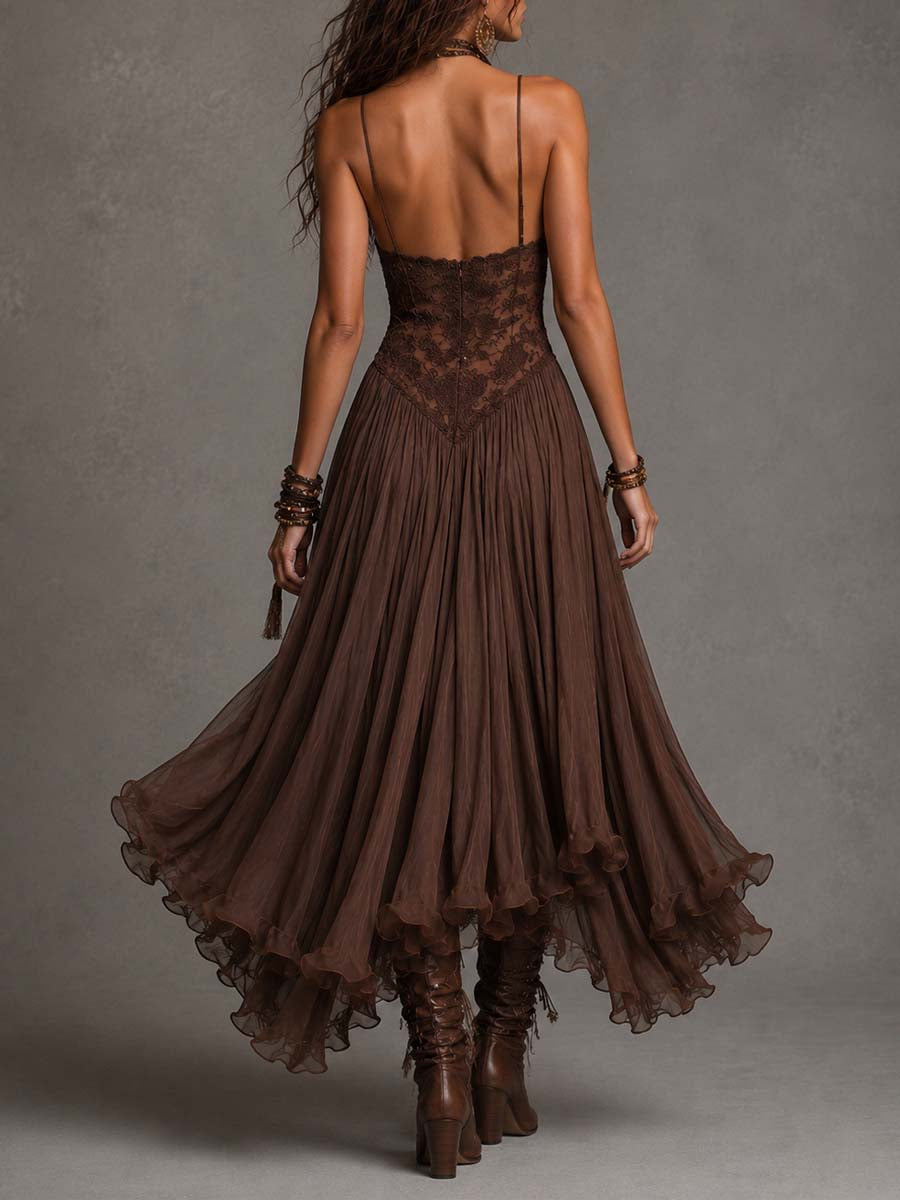 Élise | Braune Chiffon- und Spitzenlange Robe