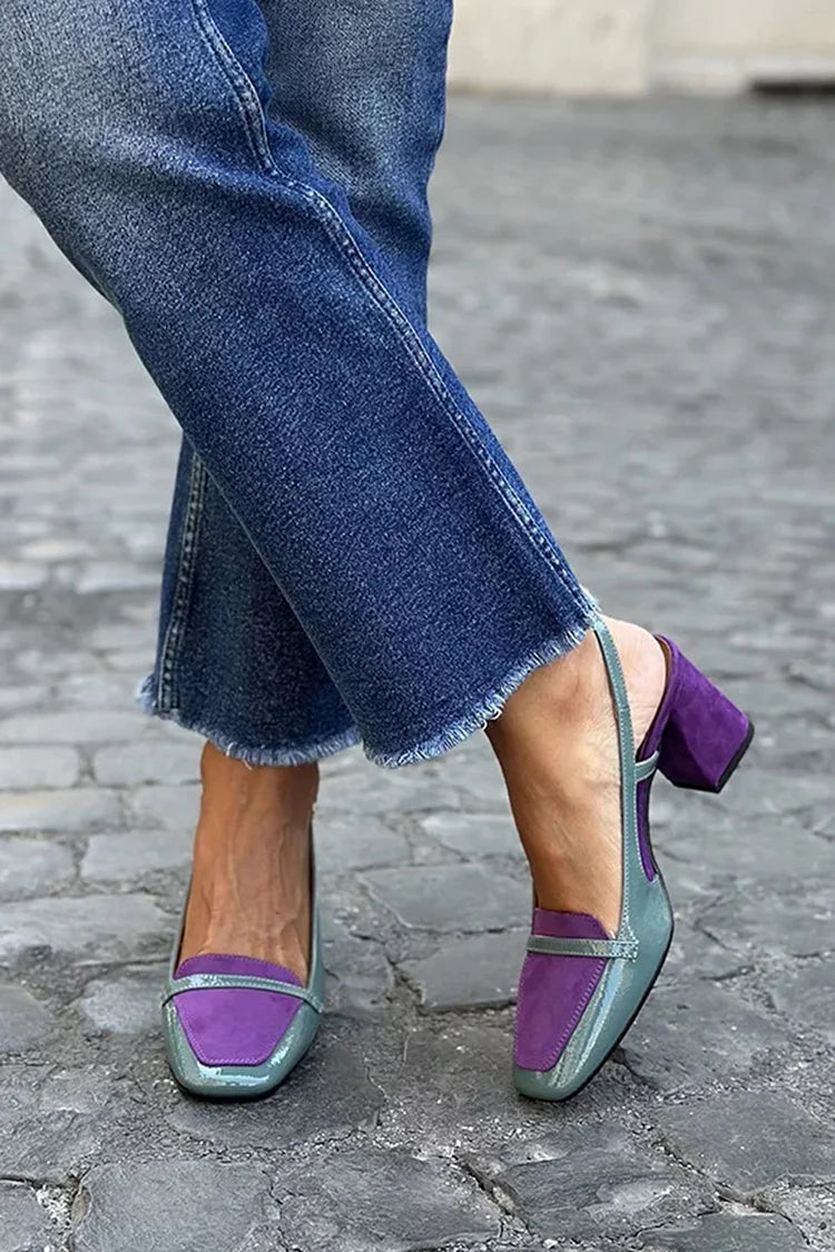 Violette Patchwork-Slingback-Pumps mit breitem Absatz und quadratischer Spitze