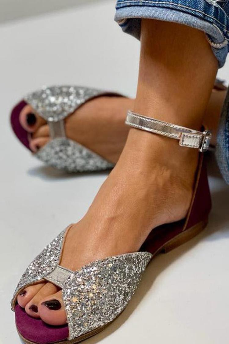 Funkelnde Silberne Peep-Toe-Sandalen mit Knöchelriemen und Schnalle