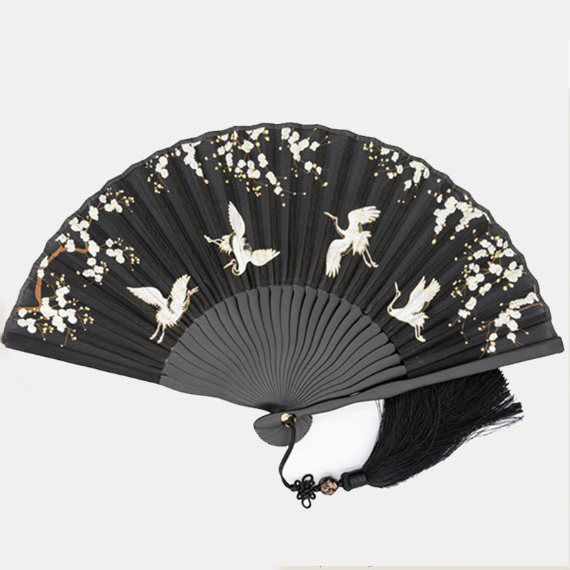 Bambus Handfächer mit Buddha-Steinen, Pflaumenblüten und Kranich-Design aus Seide