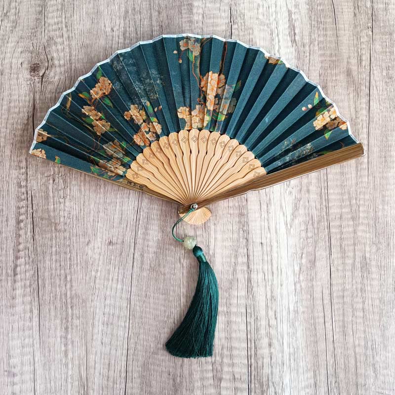 Buddha Stones Handcrafted Bamboo Fan with Floral Design, Kaki, Bamboo Leaves, and Xiangyunsha Silk