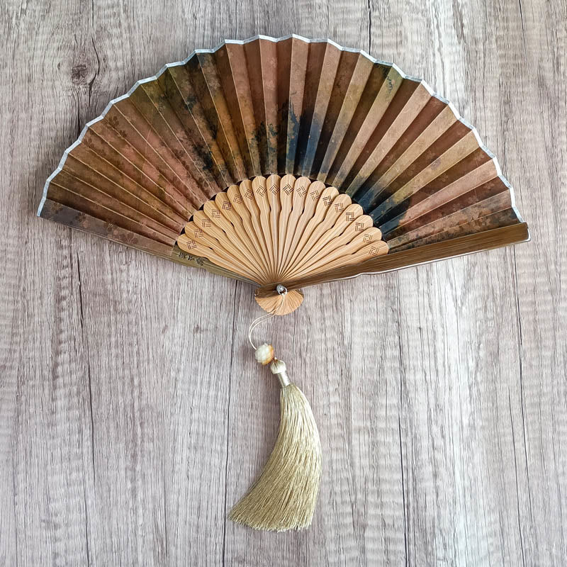 Buddha Stones Handcrafted Bamboo Fan with Floral Design, Kaki, Bamboo Leaves, and Xiangyunsha Silk