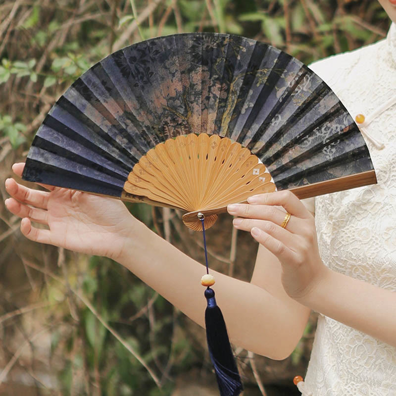 Buddha Stones Handcrafted Bamboo Fan with Floral Design, Kaki, Bamboo Leaves, and Xiangyunsha Silk