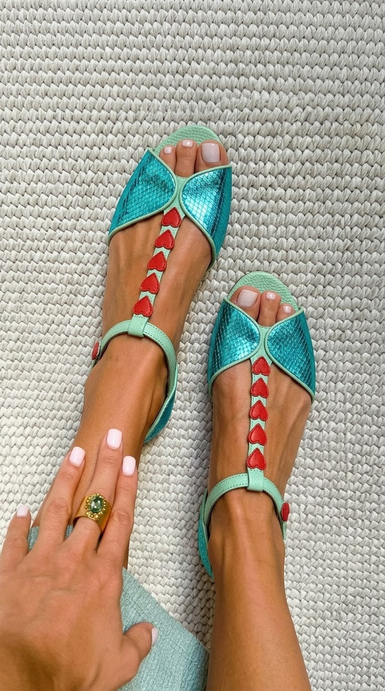 Petrol- und Rote Peep-Toe Sandalen mit Niedrigem Absatz, T-Riemen und Herz-Design