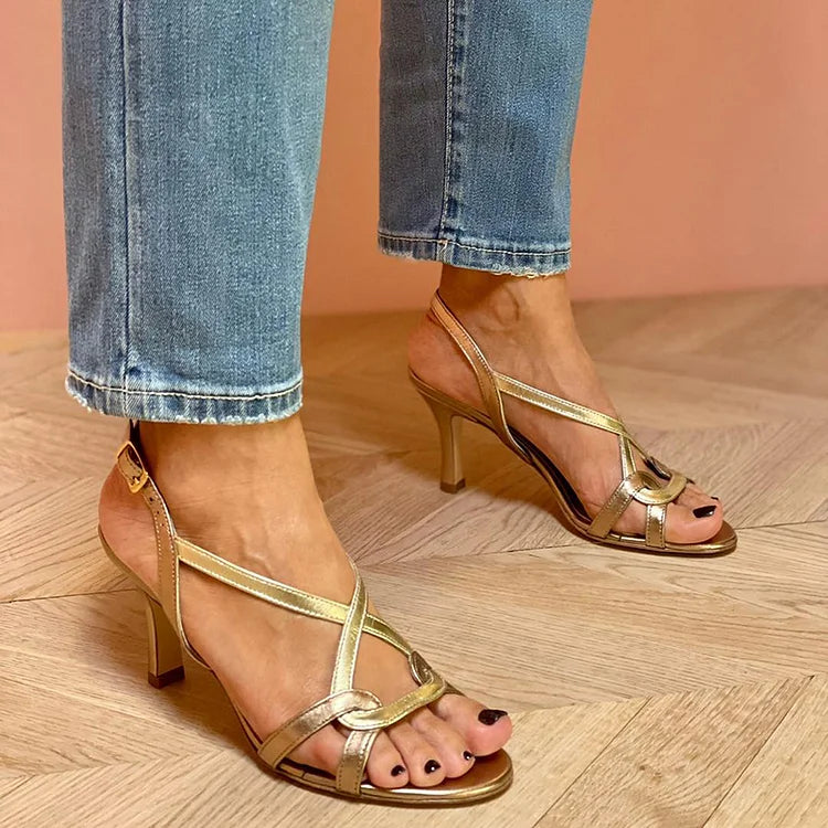 Bequeme, glänzende Leder-Pumps mit offenen Zehen und hohen Absätzen, ausgestattet mit Riemen