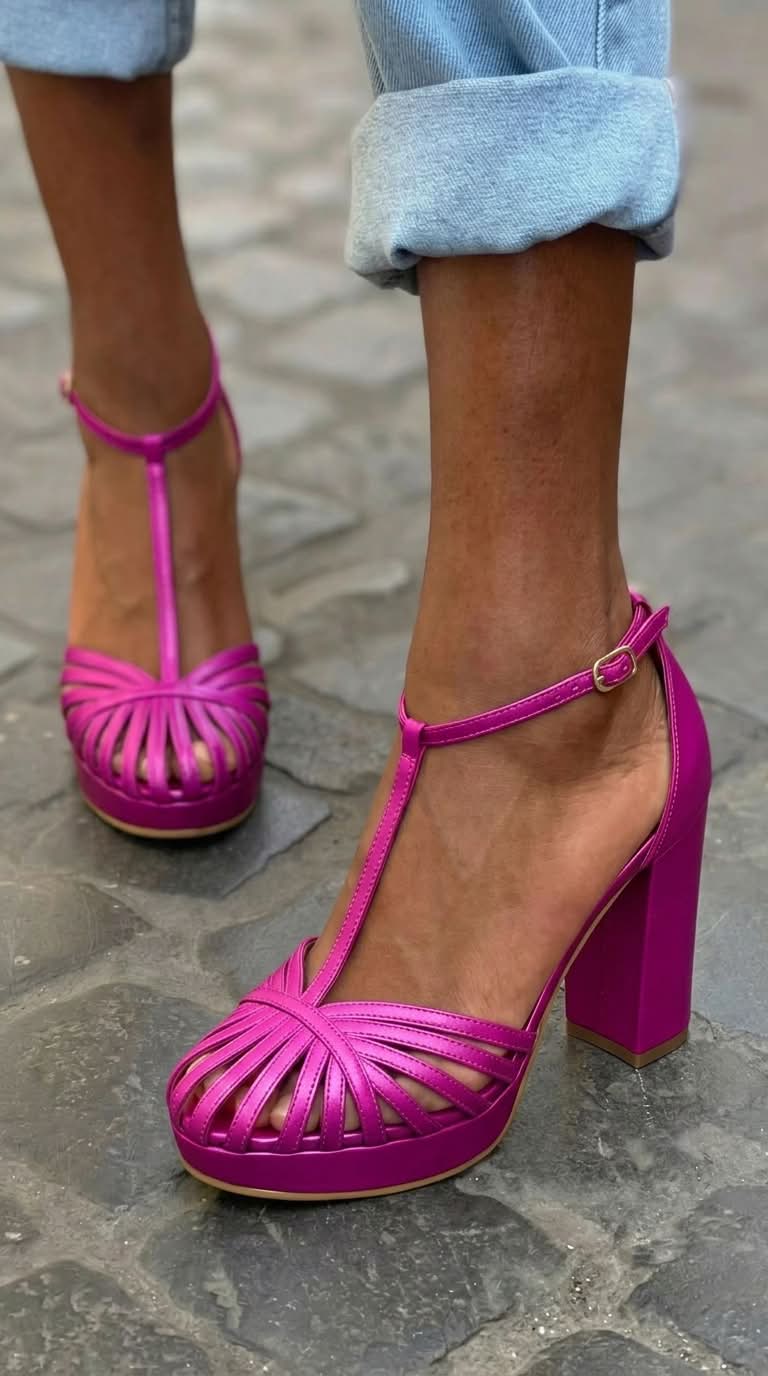 Violette Sandalen mit runder Spitze, T-Riemen, Plateau und breitem Blockabsatz" 

Rewritten: "Violette Sandalen mit runder Zehenpartie, T-Riemen, Plateau und stabilen Blockabsatz