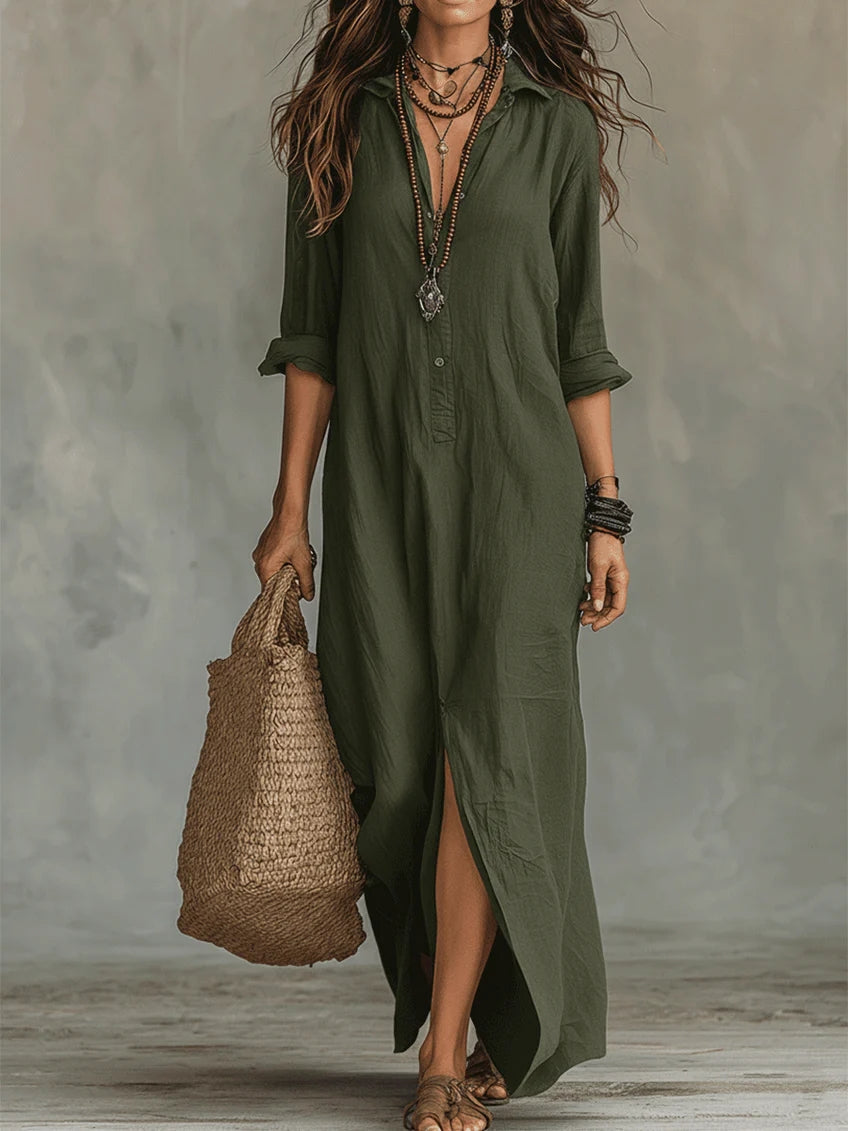 Soline™ | Robe longue verte fluide avec boutons