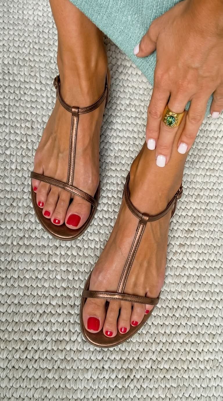 Chaussures d'été métallisées à talon plat et bride en T