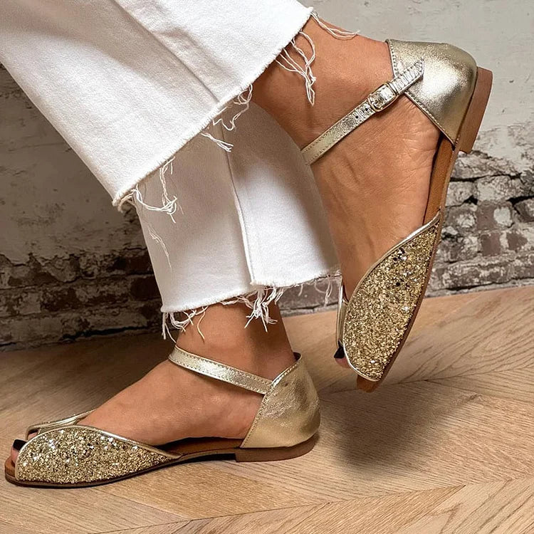Funkelnde Goldene Patchwork-Peeptoe-Sandalen mit Knöchelriemen und Schnalle