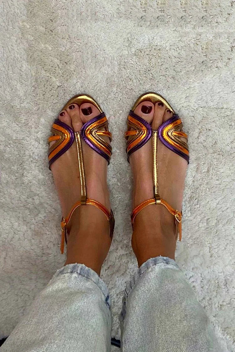 Mehrfarbige Peeptoe-Sandalen mit goldener Schnalle und T-Riemen