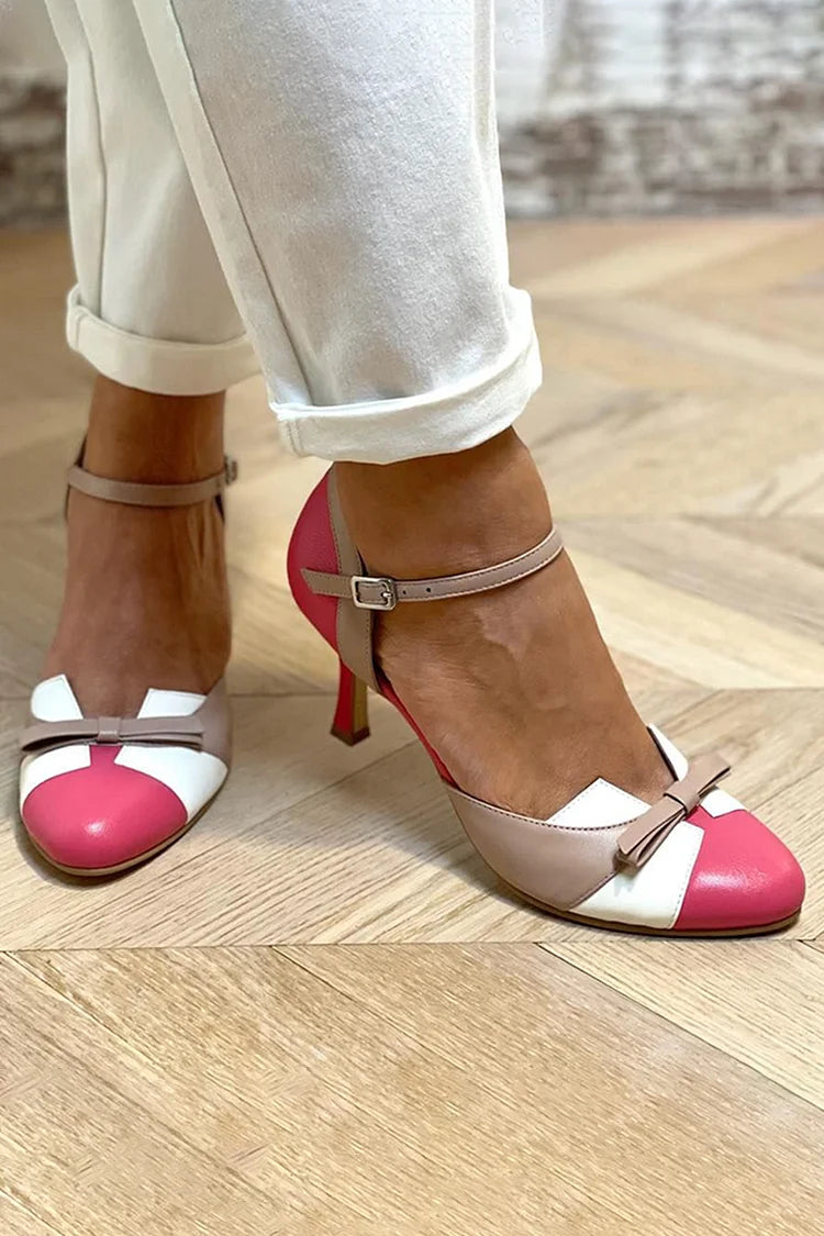 Fuchsia Farbblock-Patchwork-Pumps mit spitzem Absatz, runder Spitze und Schleifen-Detail
