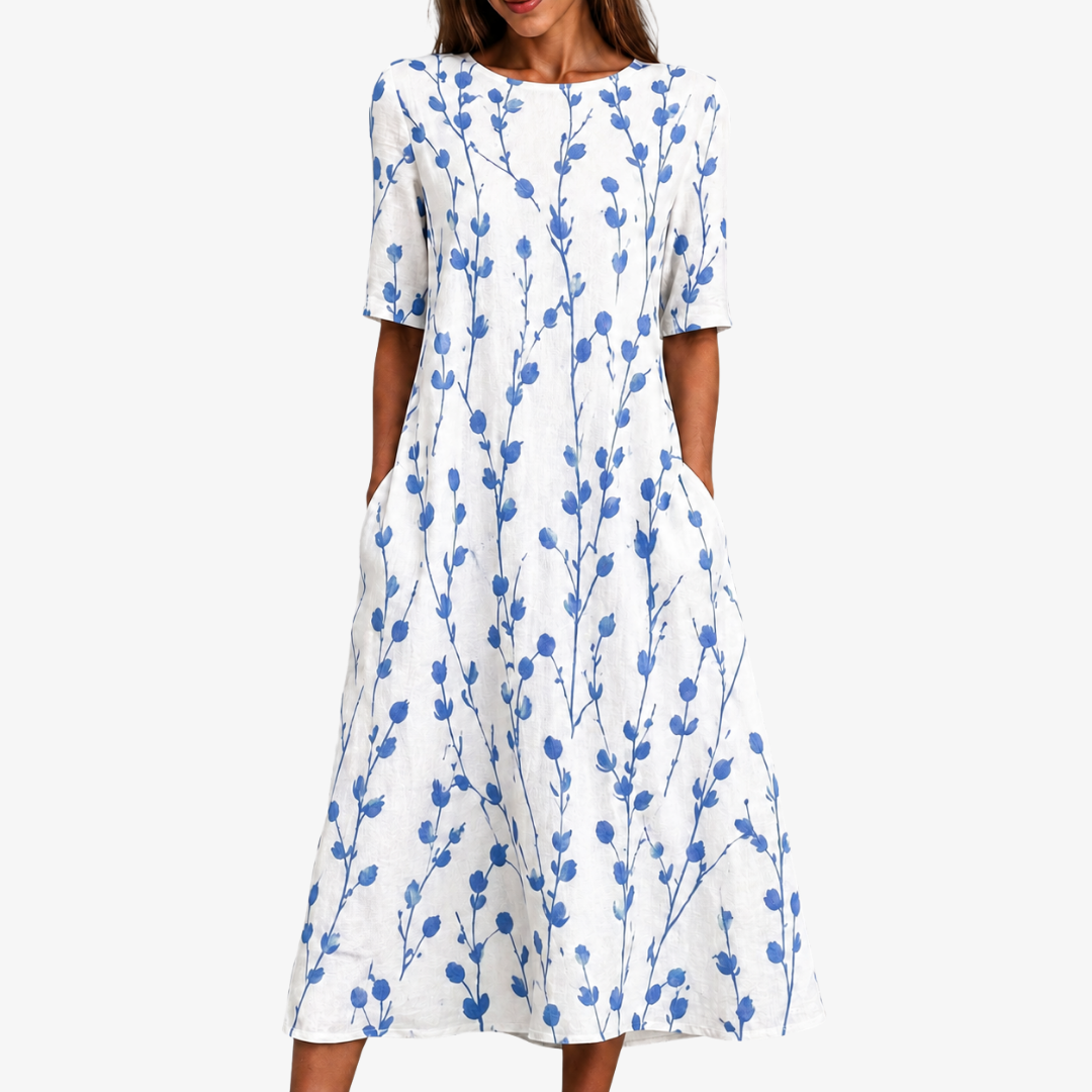 Blaues Midi-Kleid mit Wiesenbrise-Tasche
