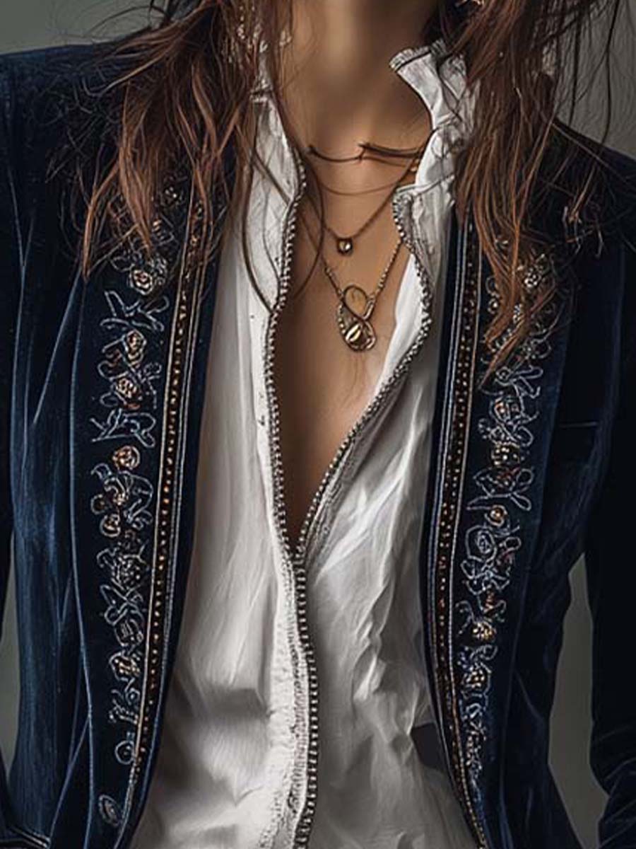 Athénaïs | Lange Vintage Bestickte Jacke in Marineblau