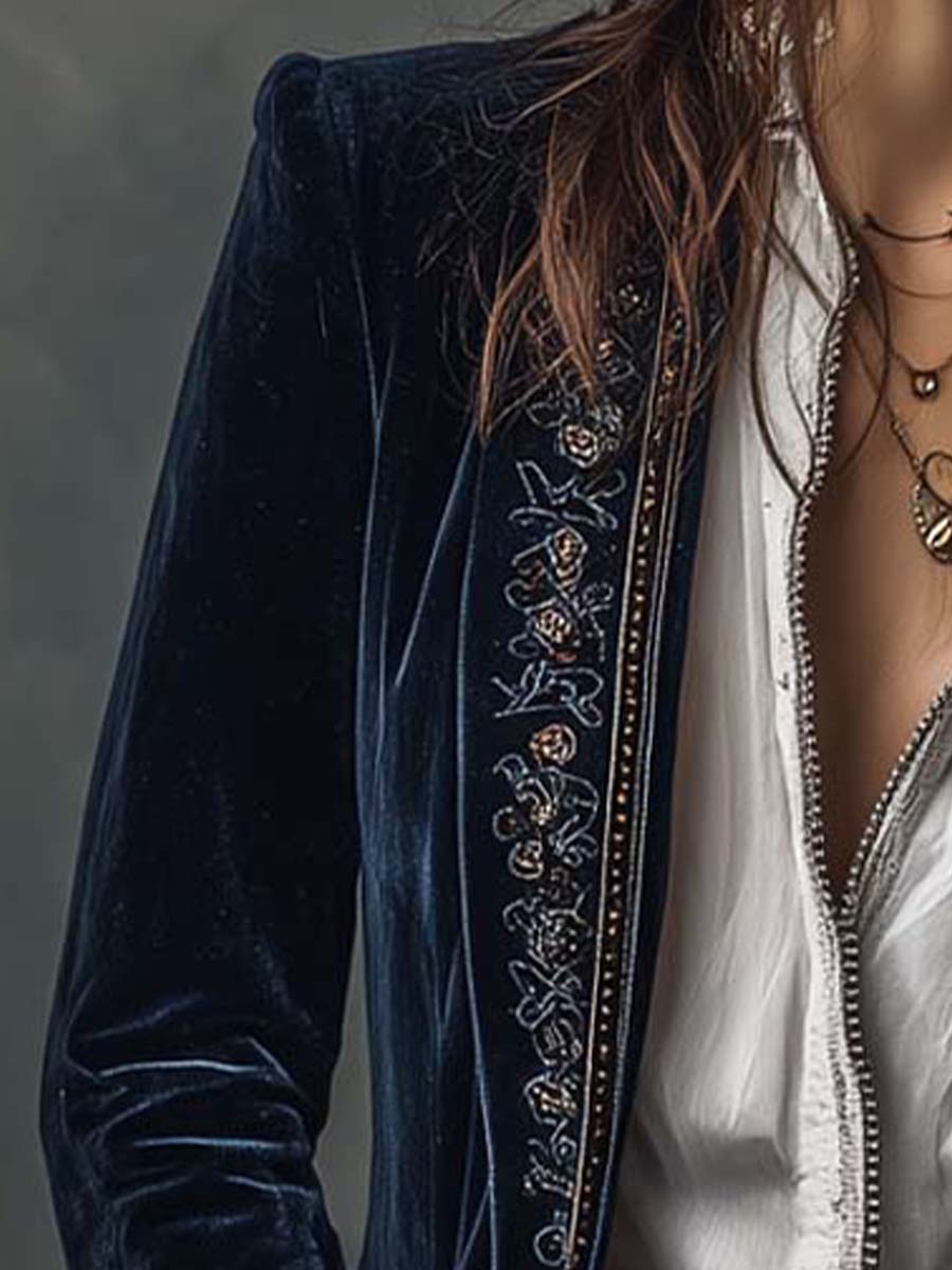 Athénaïs | Lange Vintage Bestickte Jacke in Marineblau