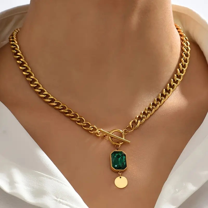 Collier Émeraude avec Chaîne Épaisse en Or