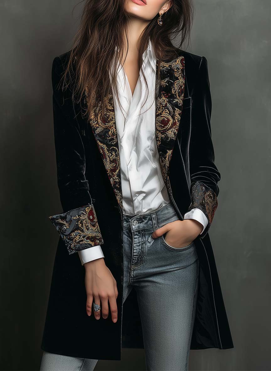 Léontine | Schwarz Taillierter Blazer mit Barockmuster