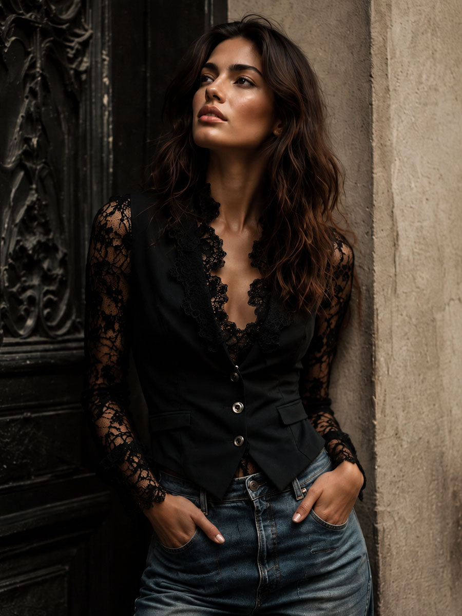 Noémie | Schwarzer Blazer mit Halbdurchsichtigen Ärmeln