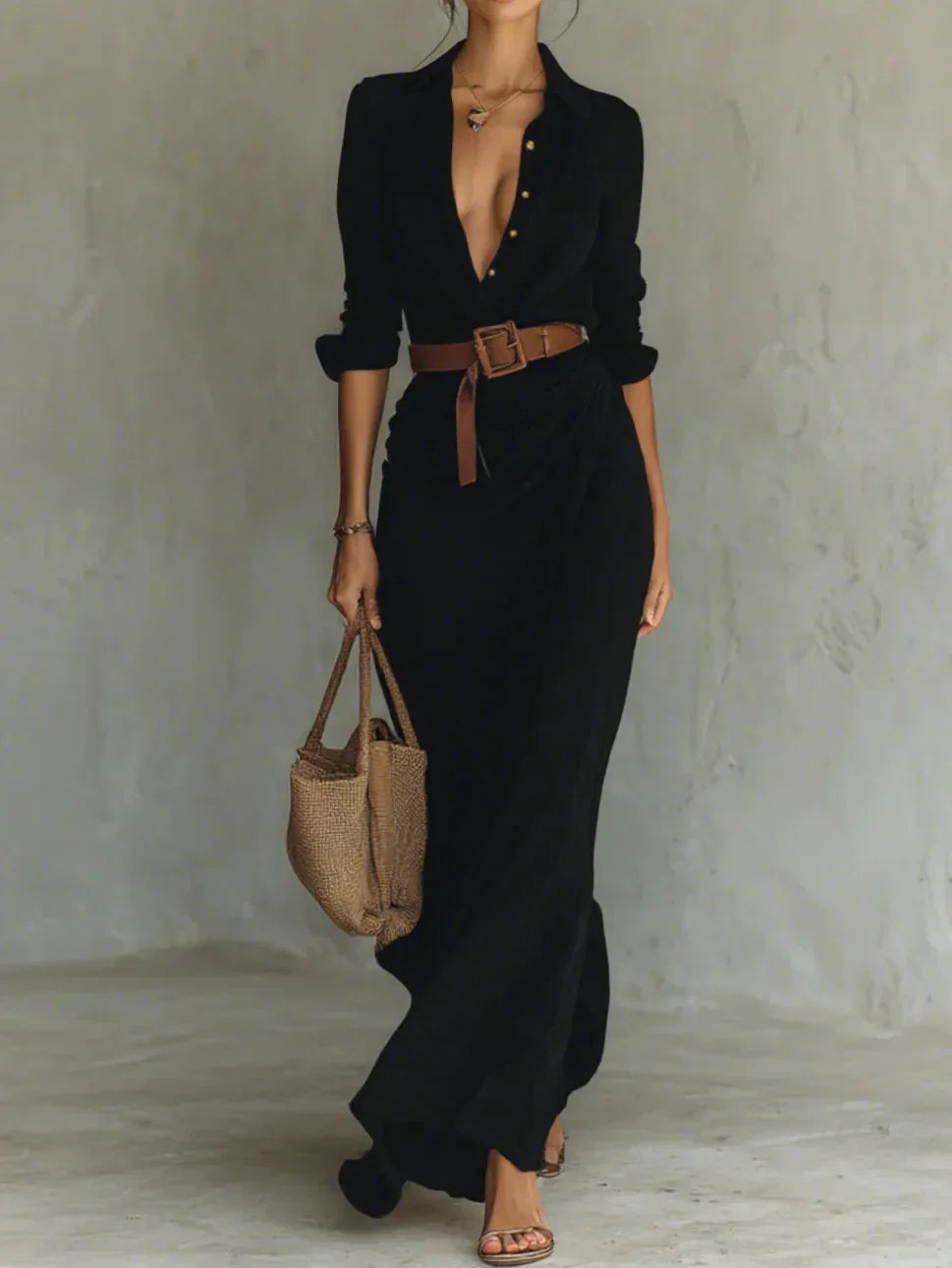 Camille™ | Robe longue avec revers et ceinture