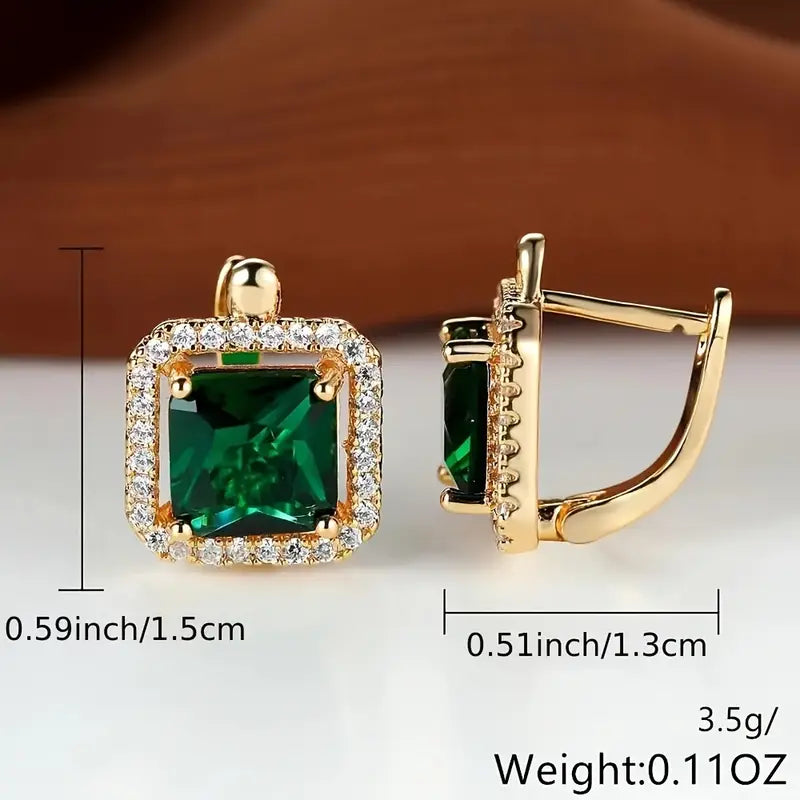 Boucles d'oreilles en zirconium vert carré avec finition dorée