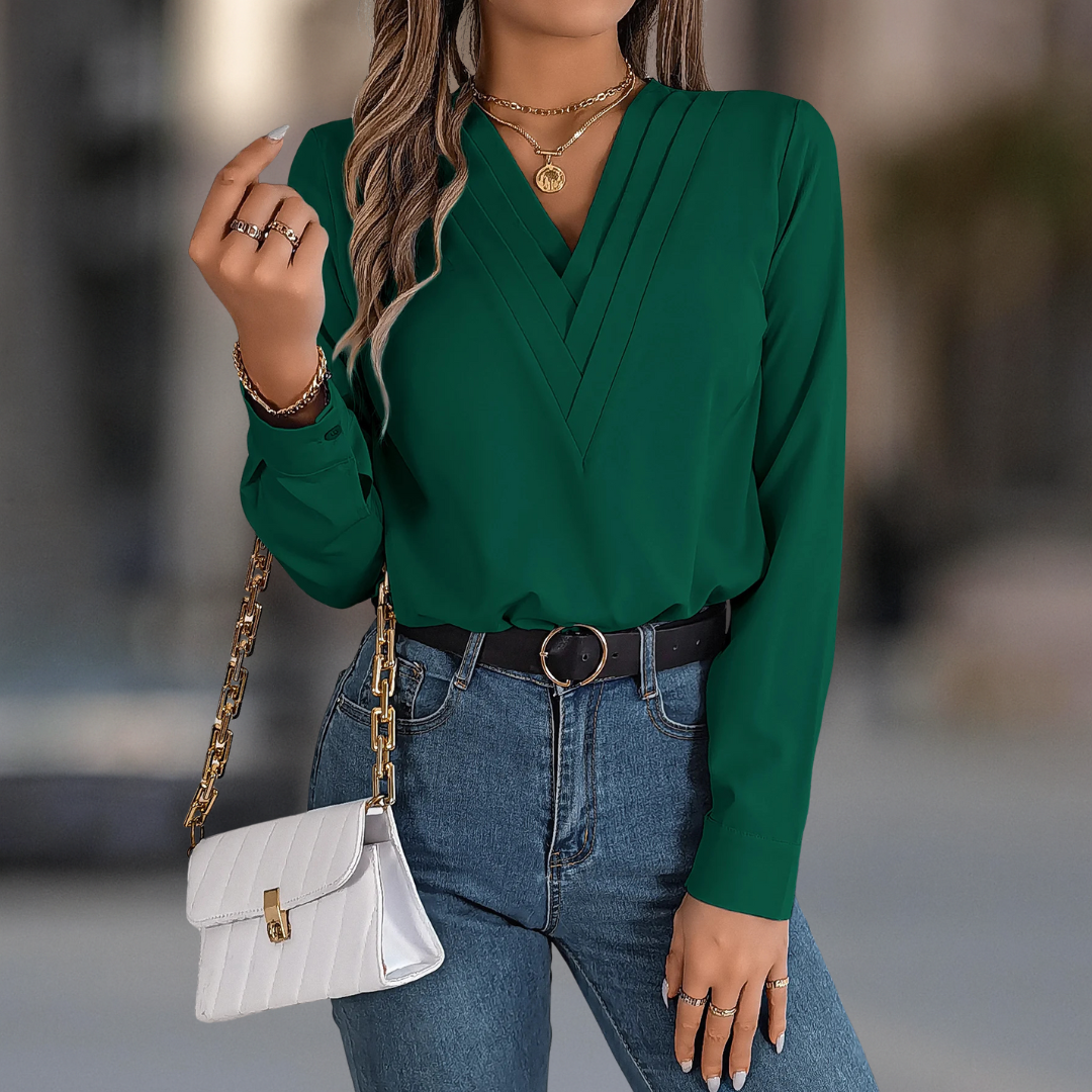 Anastasia Luxe Blouse plissée à manches longues et col en V pour femme