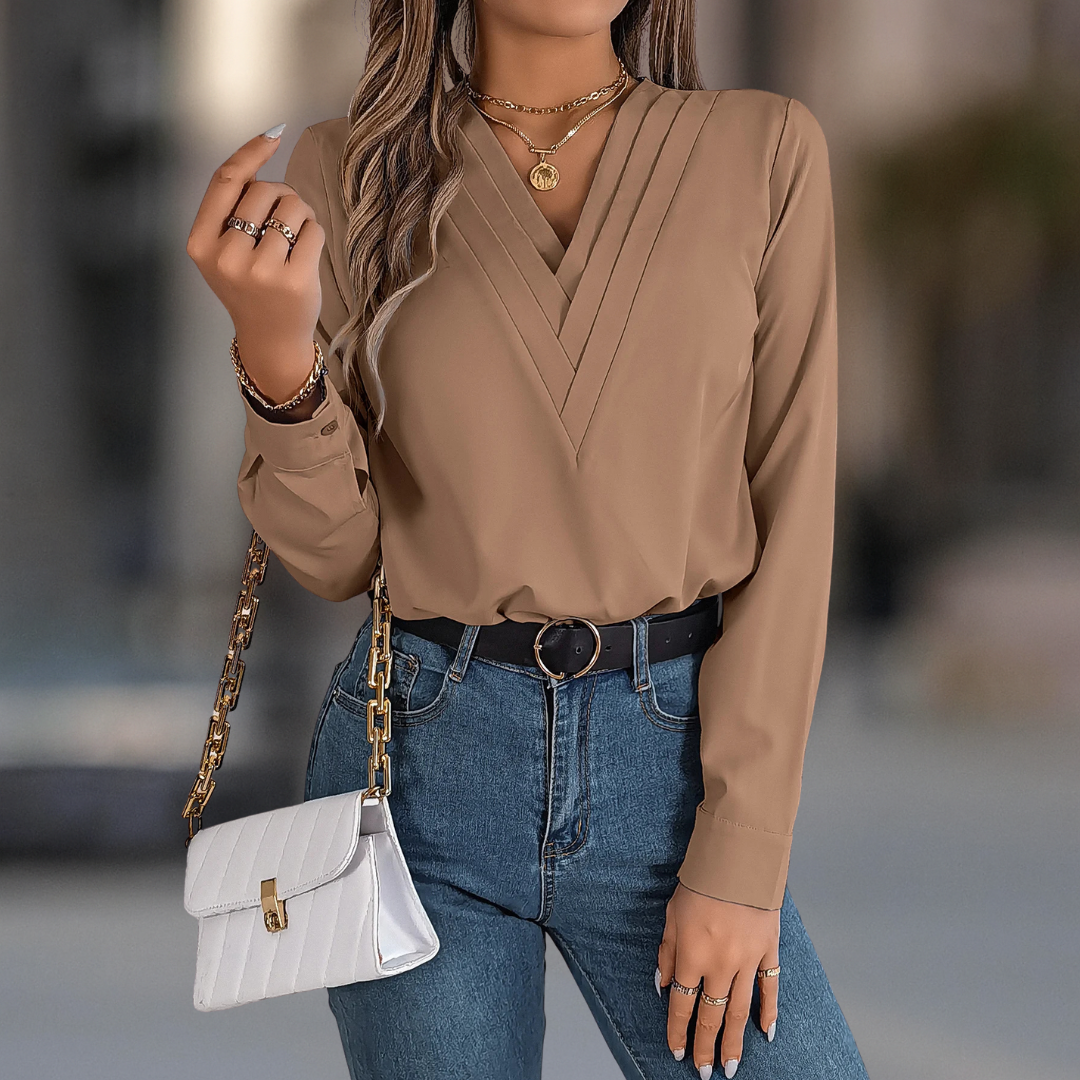 Anastasia Luxe Blouse plissée à manches longues et col en V pour femme