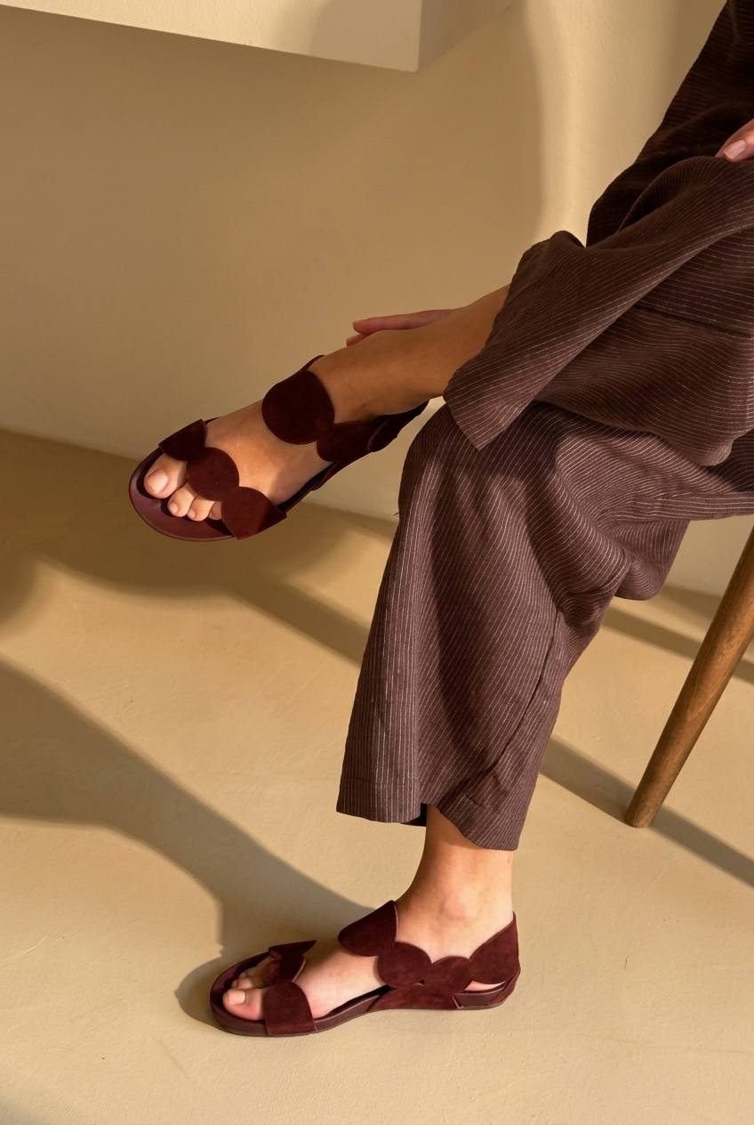 Bordeauxfarbene Sommer-Bohème-Sandalen mit flachem Absatz und gewelltem Riemen