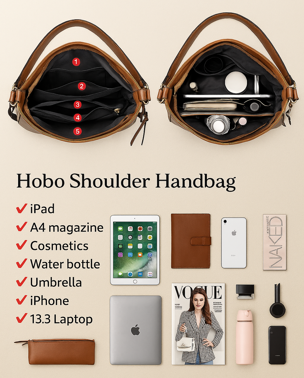 Luxuriöse Leder Hobo Anti-Diebstahl Handtasche