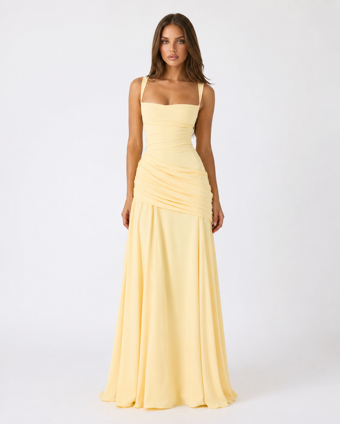 ENIE | Maxikleid mit gerafftem, eckigem Dekolleté
