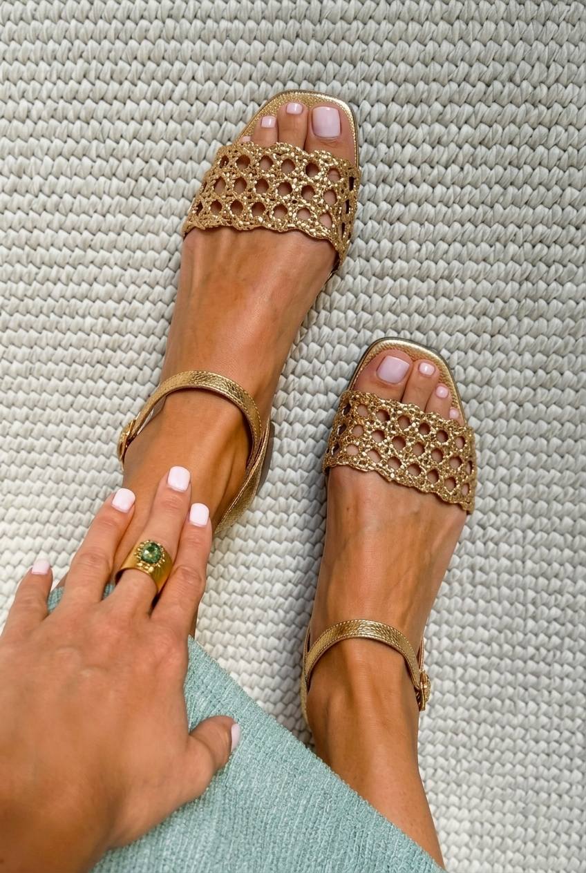 Elegante goldene geflochtene Sandalen mit niedrigem Absatz und quadratischer Spitze