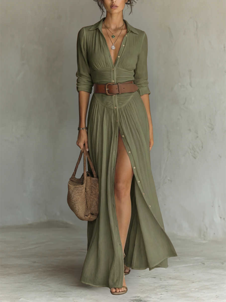 Robe longue pour femme avec col découpé et manches longues