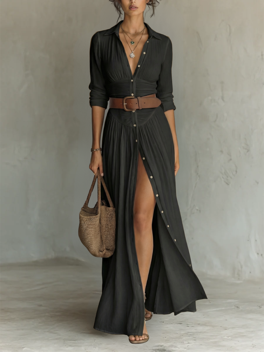 Robe longue pour femme avec col découpé et manches longues