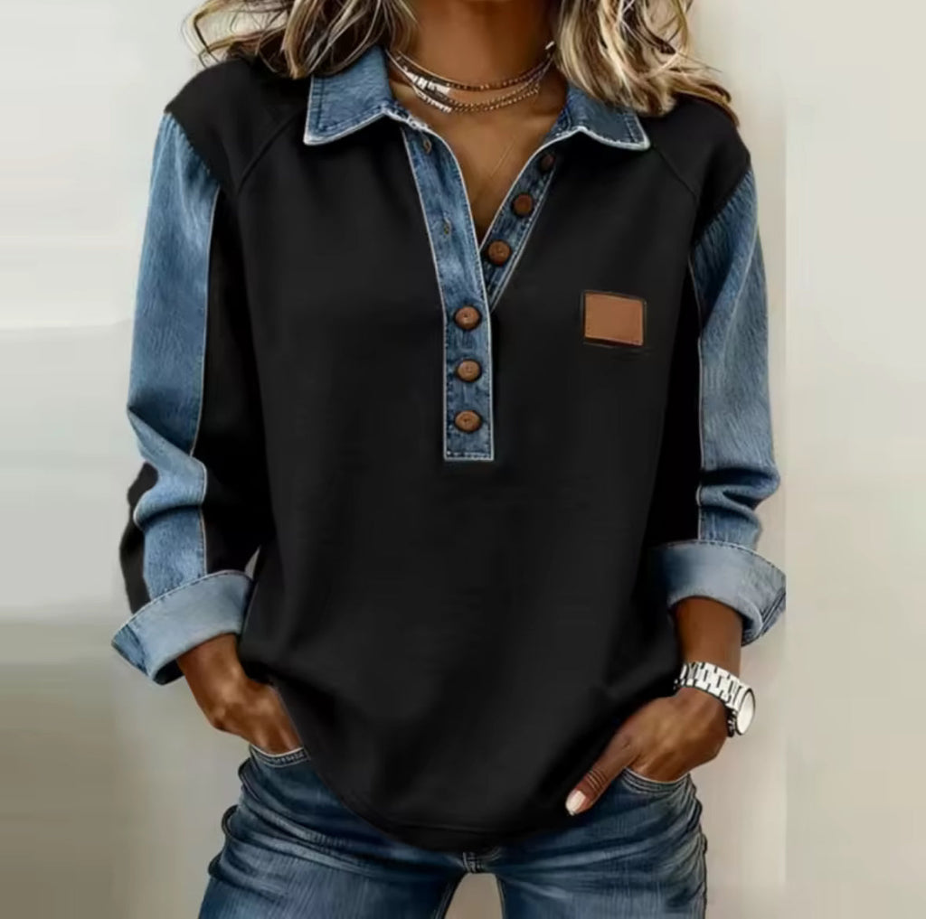 Voxanne | Pullover mit Denim-Kragen" can be rewritten as:

"Voxanne | Pullover mit Jeanskragen