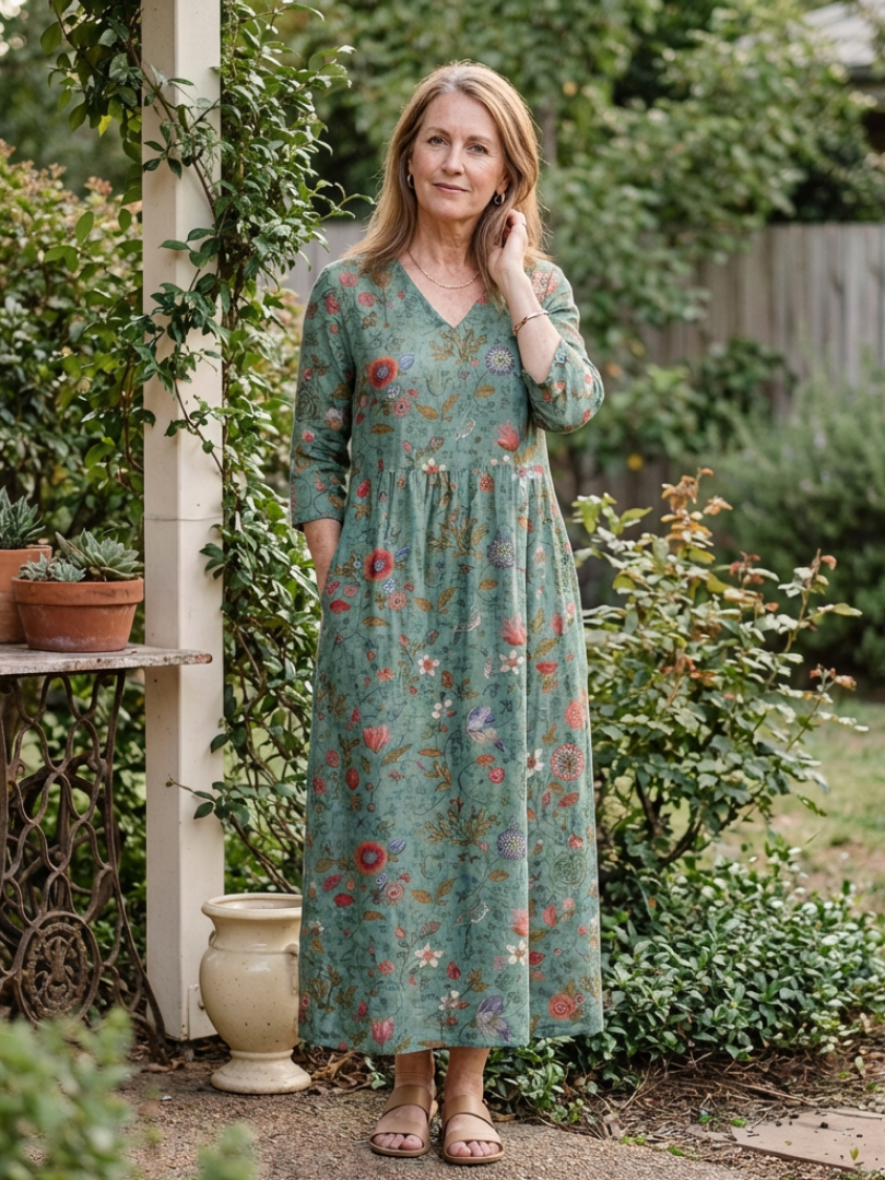 Marina | Robe Maxi Florale à Manches Trois Quarts et Décolleté en V