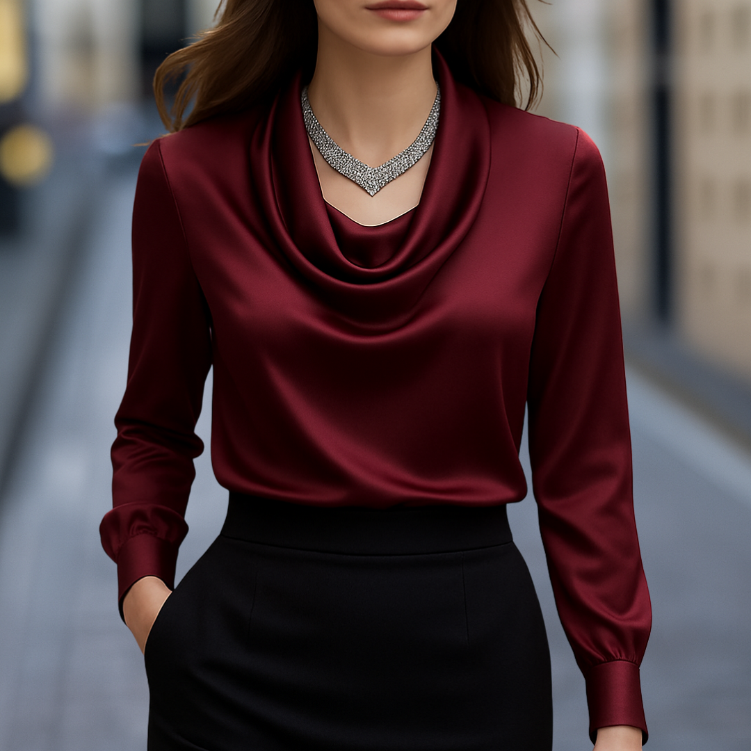 Athena Chemisier élégant en satin pour femme avec encolure drapée