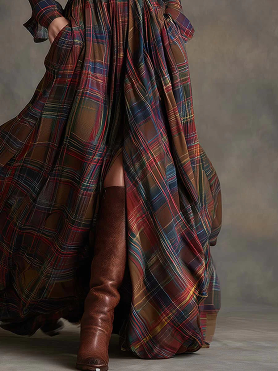 Béatrice | Langärmliges Karo-Kleid mit Taillengürtel