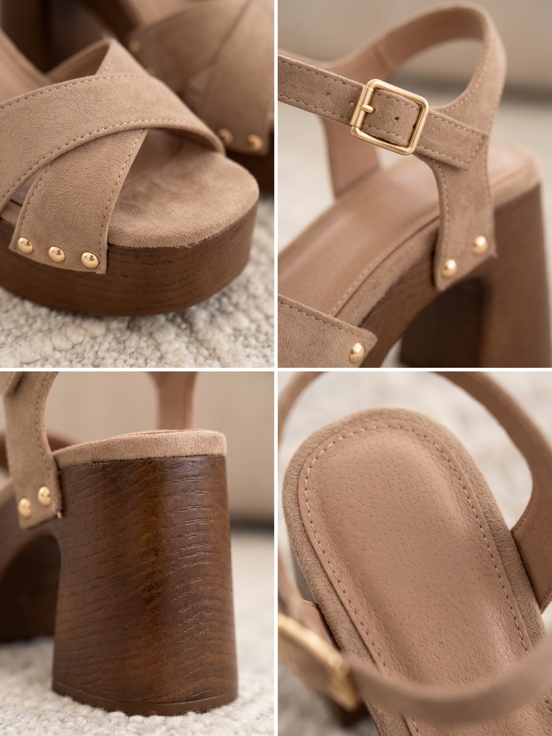 Gaia Sandalen – Taupe mit überkreuzten Riemen und goldenen Nieten