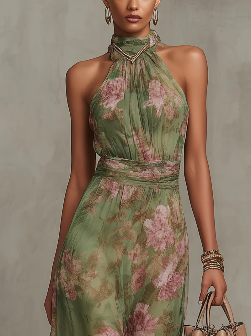 Serena ∙ Robe longue dos nu en mousseline fleurie verte
