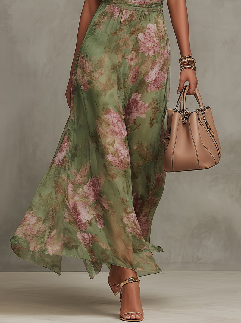 Serena ∙ Robe longue dos nu en mousseline fleurie verte