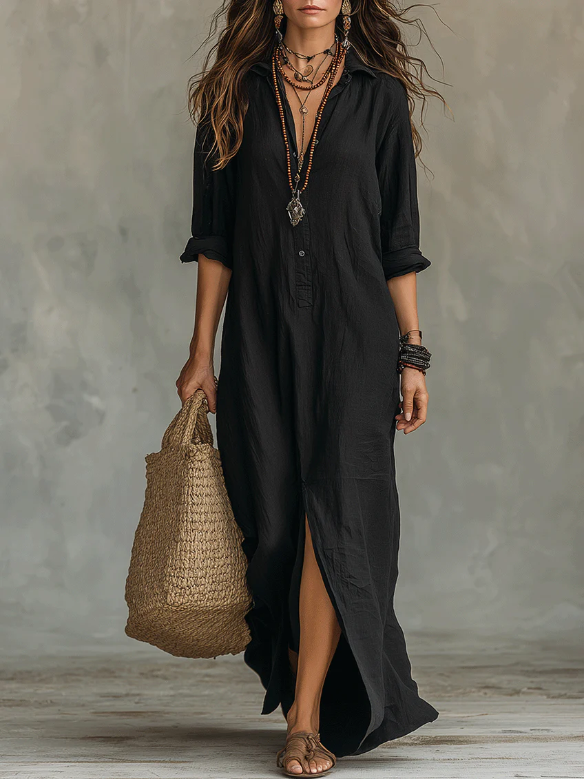 Soline™ | Robe longue noire large avec boutons