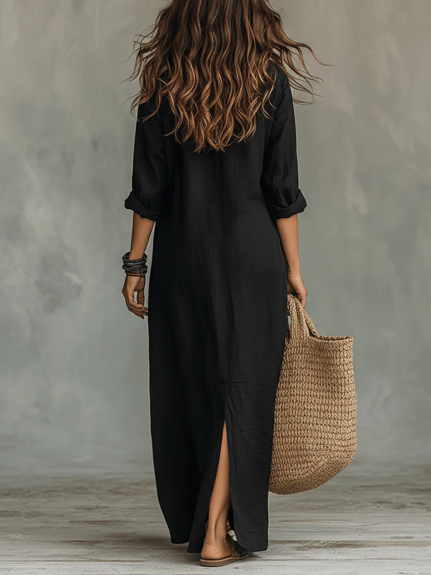 Soline™ | Robe longue noire large avec boutons