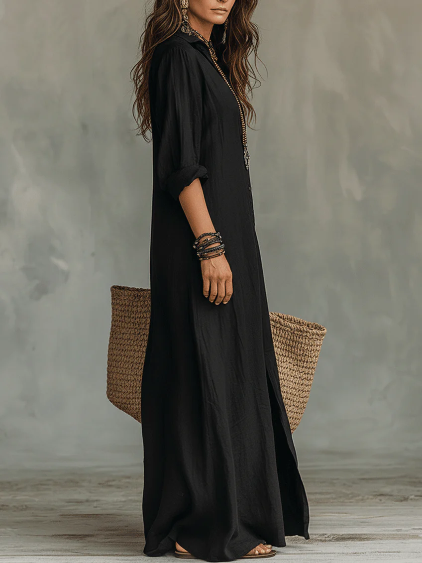 Soline™ | Robe longue verte fluide avec boutons