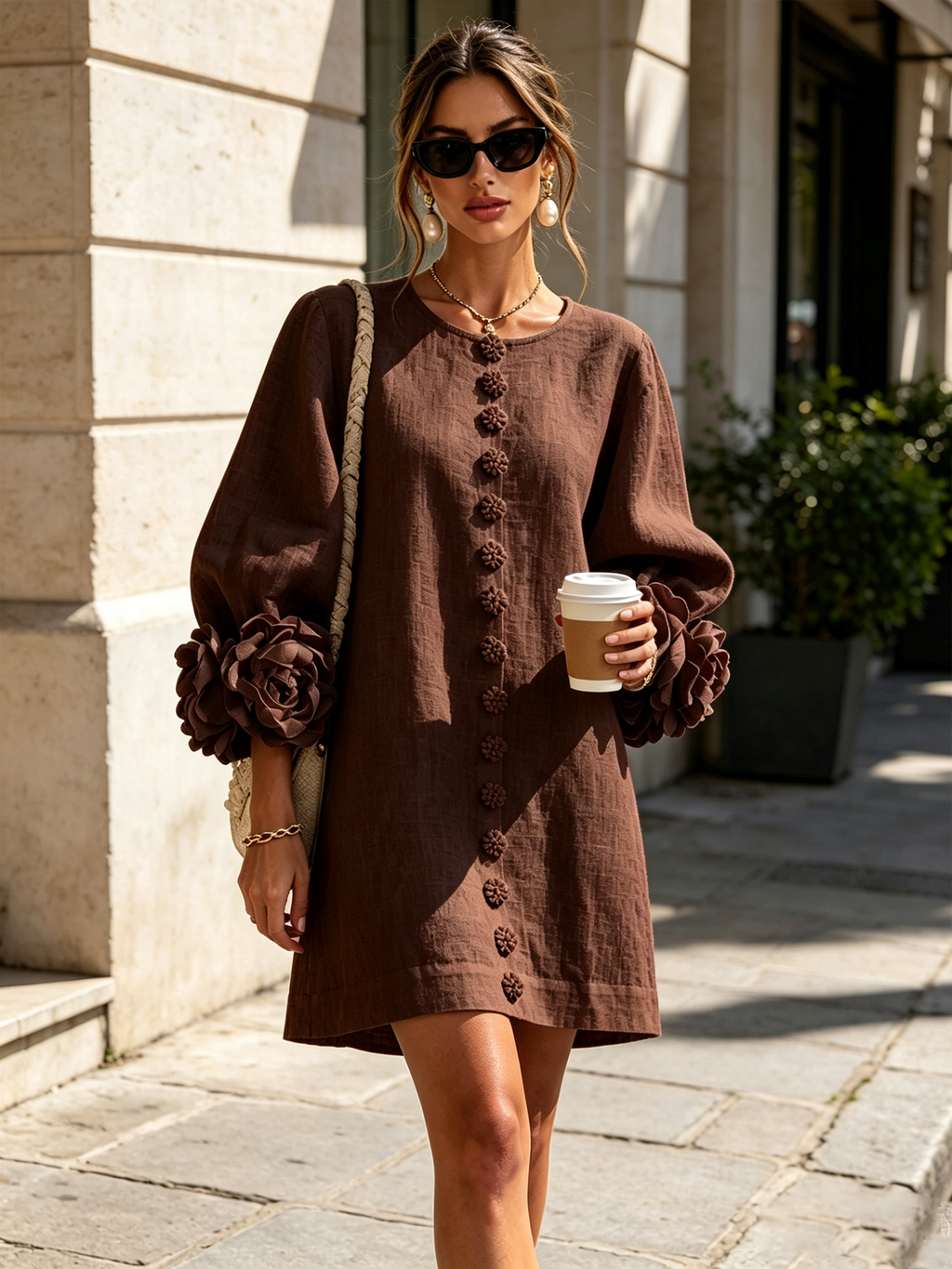 Brune | Kurzes Leinenkleid mit Puffärmeln