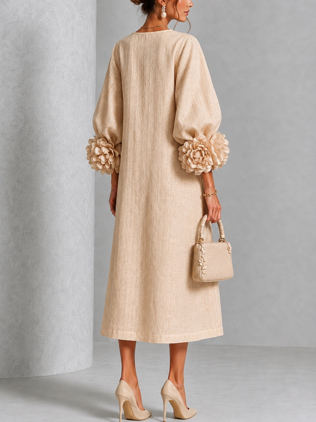 Capucine | Midi-Kleid mit Puffärmeln und floralen Knöpfen