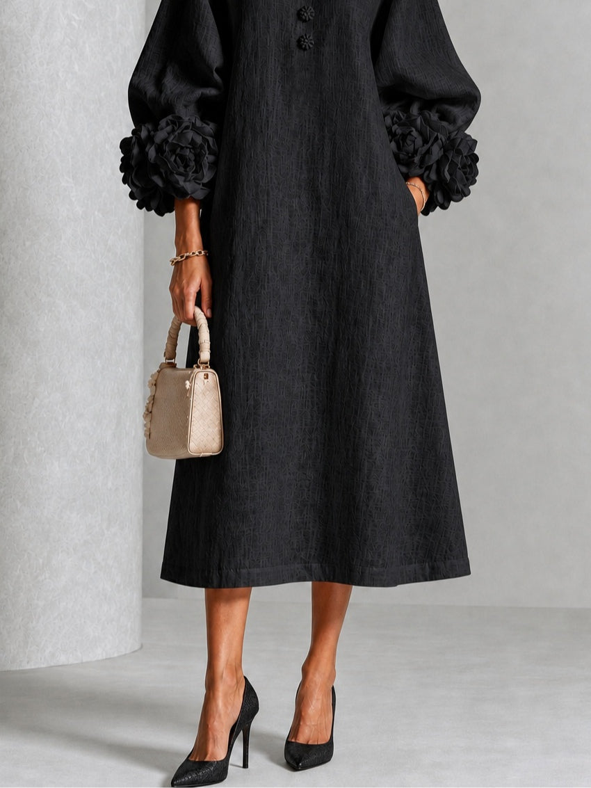 Capucine | Midi-Kleid mit Puffärmeln und floralen Knöpfen