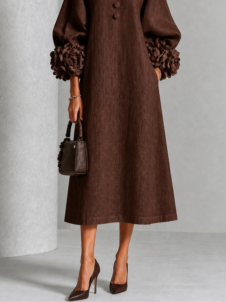 Capucine | Midi-Kleid mit Puffärmeln und floralen Knöpfen