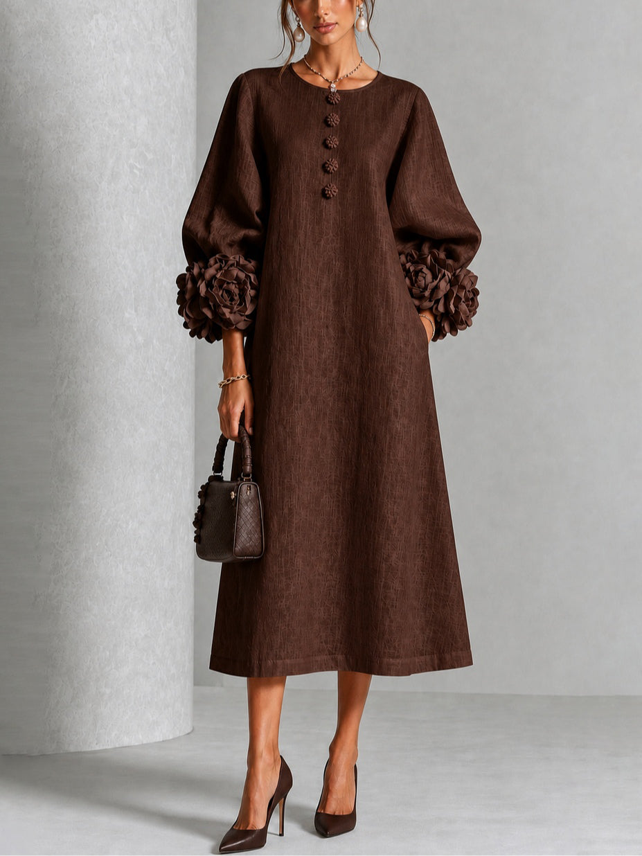 Capucine | Midi-Kleid mit Puffärmeln und floralen Knöpfen