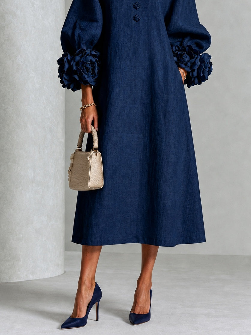Capucine | Midi-Kleid mit Puffärmeln und floralen Knöpfen