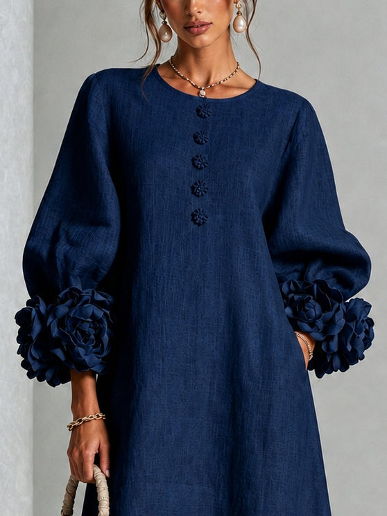Capucine | Midi-Kleid mit Puffärmeln und floralen Knöpfen