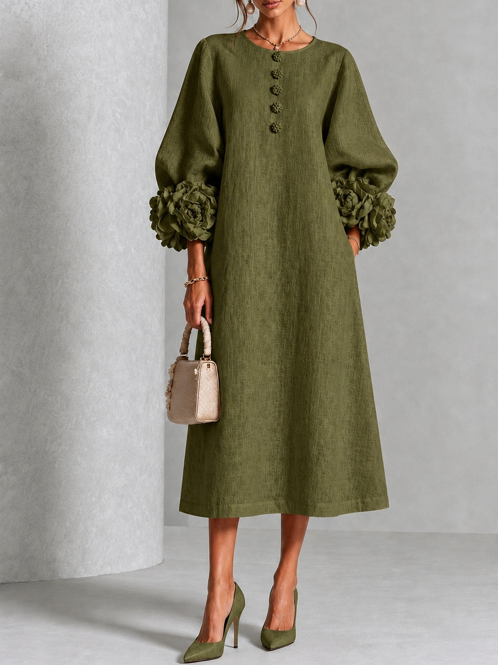 Capucine | Midi-Kleid mit Puffärmeln und floralen Knöpfen