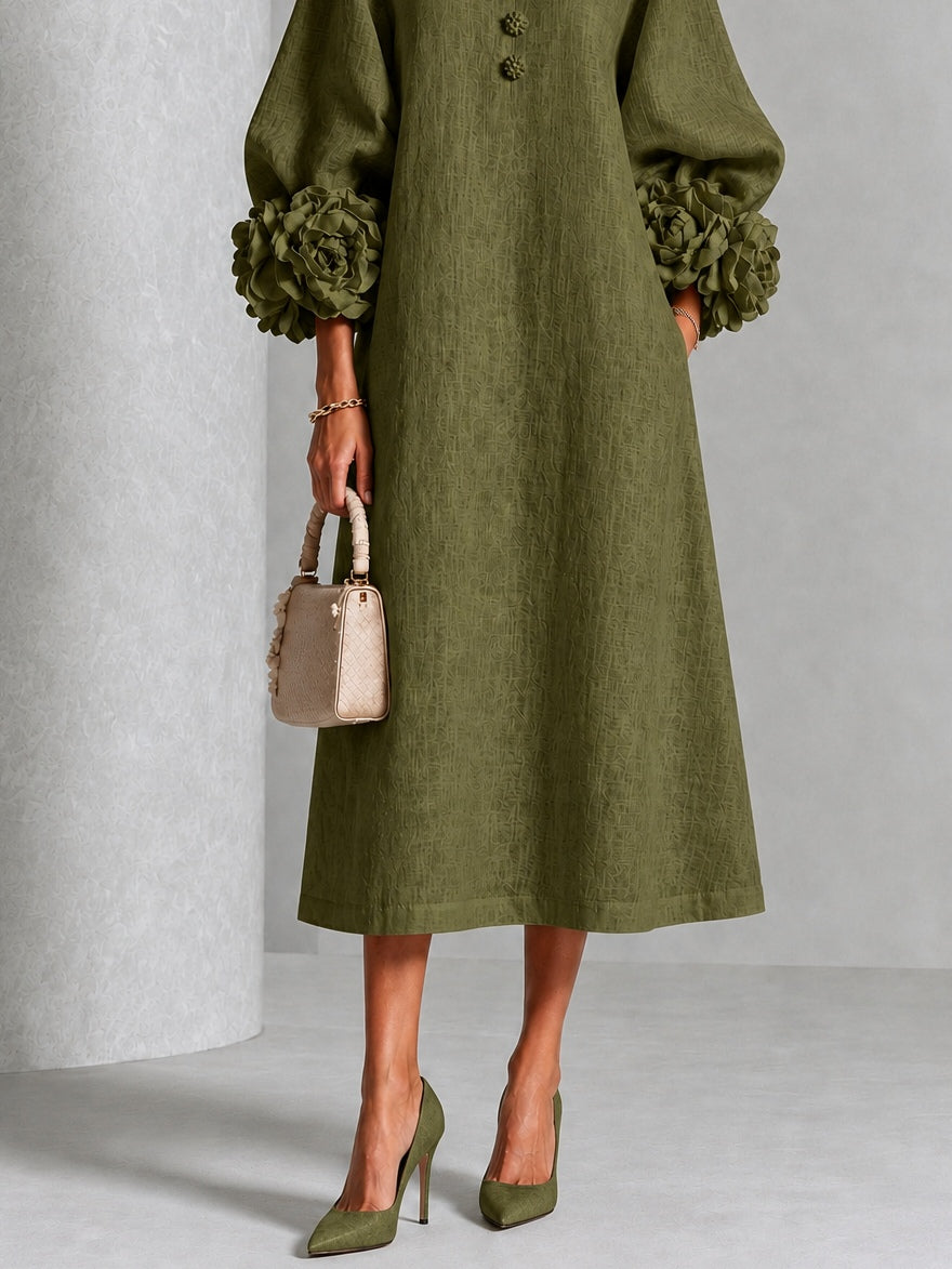 Capucine | Midi-Kleid mit Puffärmeln und floralen Knöpfen